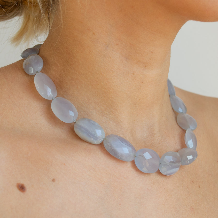 Blue Chalcedony Necklace - Modern Silver Accents