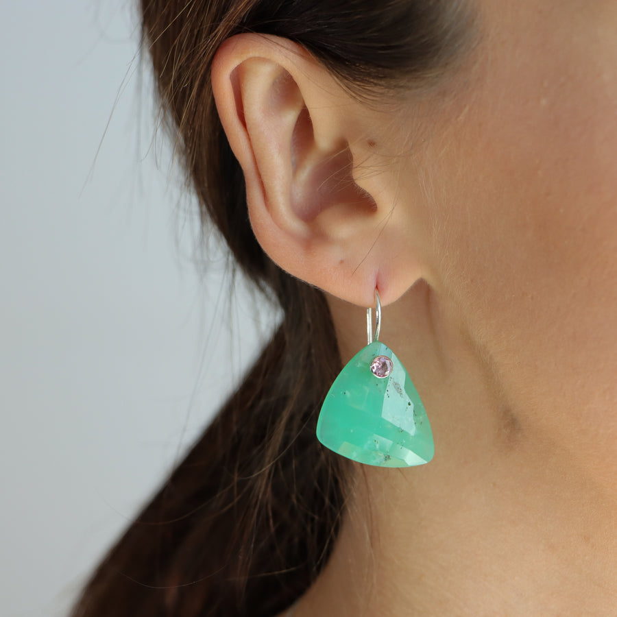 Chrysoprase inlaid earrings with Pink Tourmaline