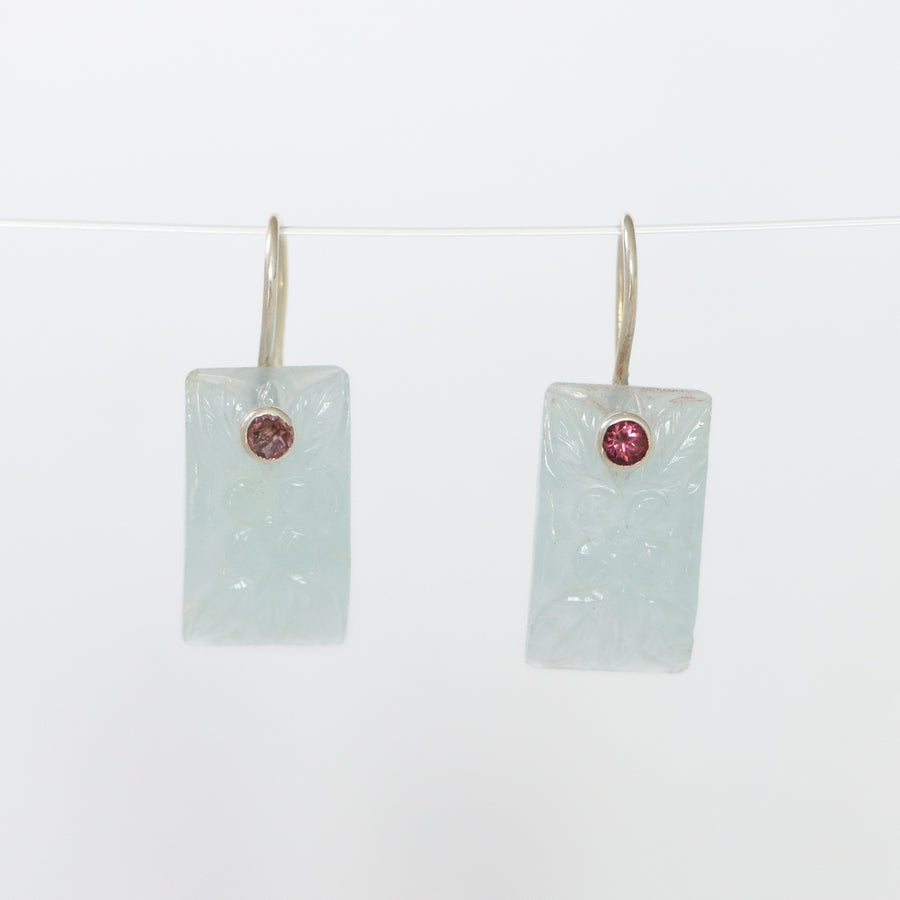 Carved Aquamarine inlaid earrings with Pink Tourmaline