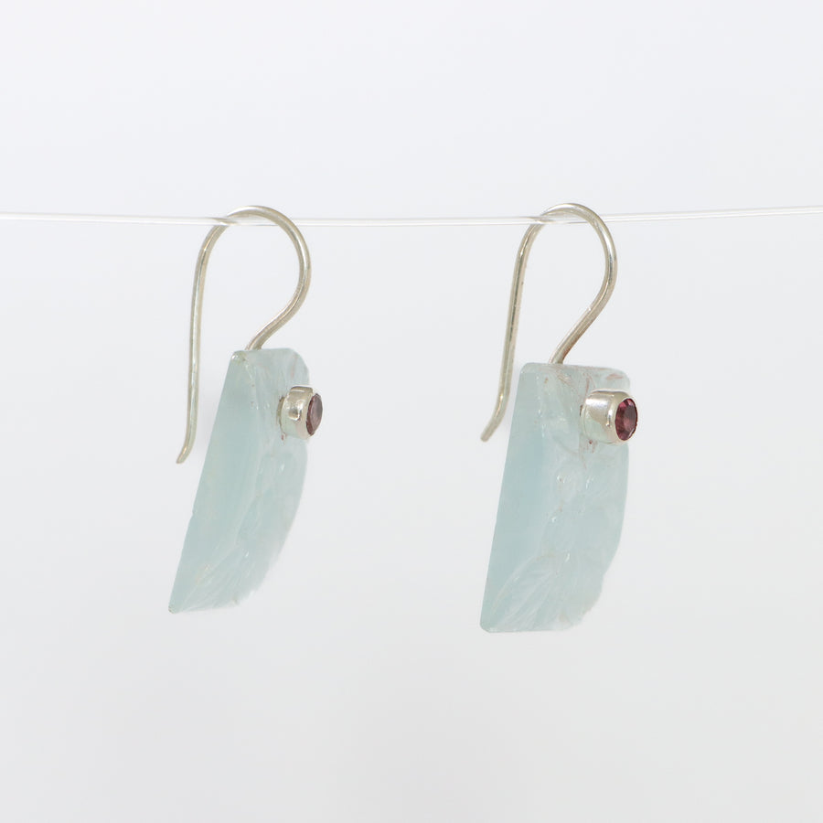 Carved Aquamarine inlaid earrings with Pink Tourmaline