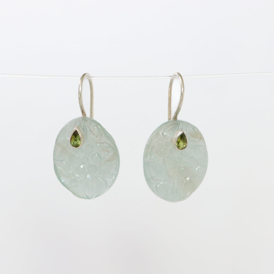 Carved Aquamarine inlaid earrings with Green Tourmaline