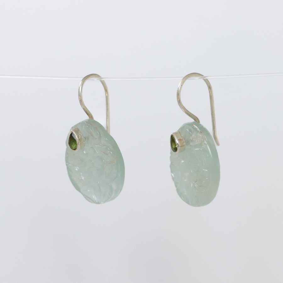 Carved Aquamarine inlaid earrings with Green Tourmaline